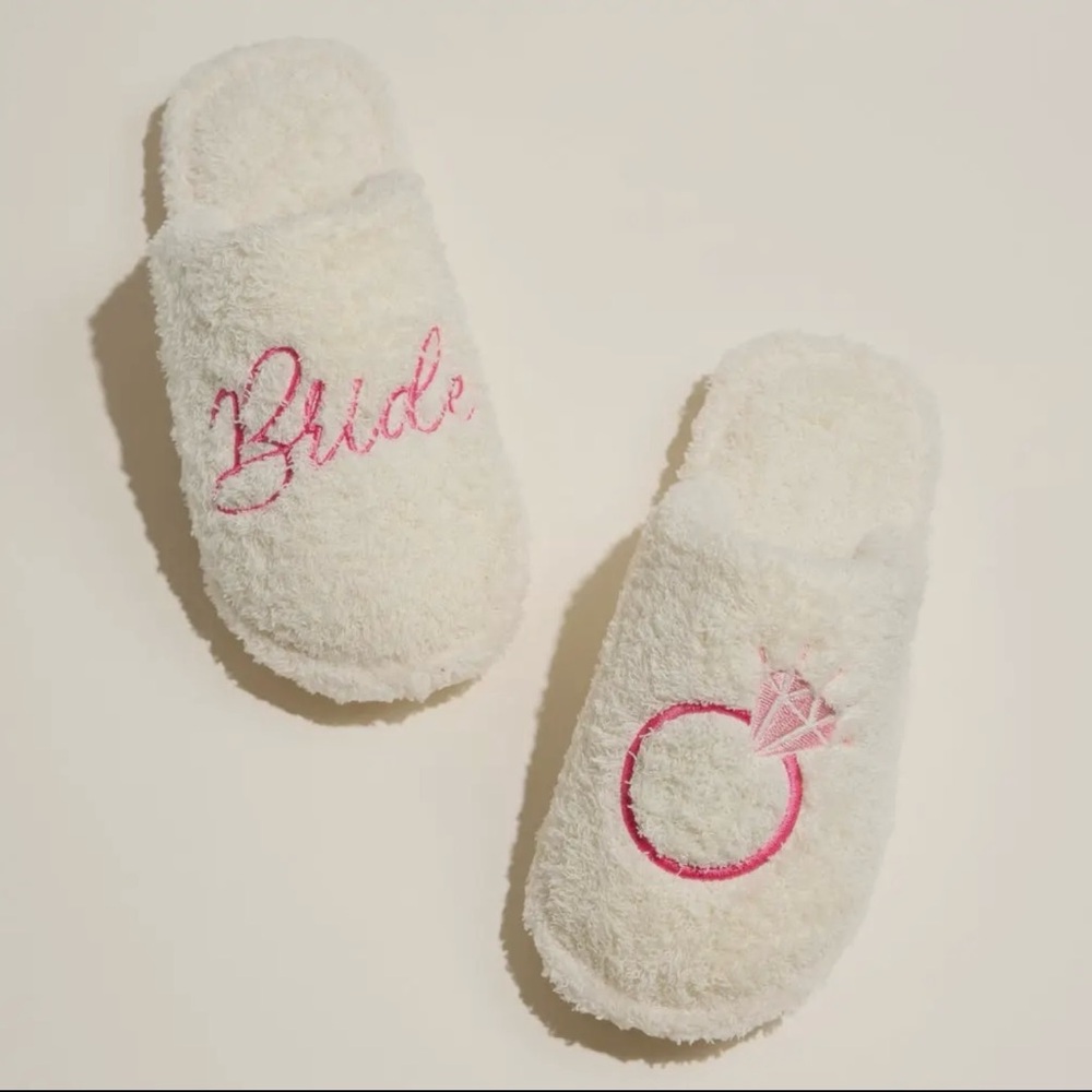 White Bride Slippers with Pink Embroidery